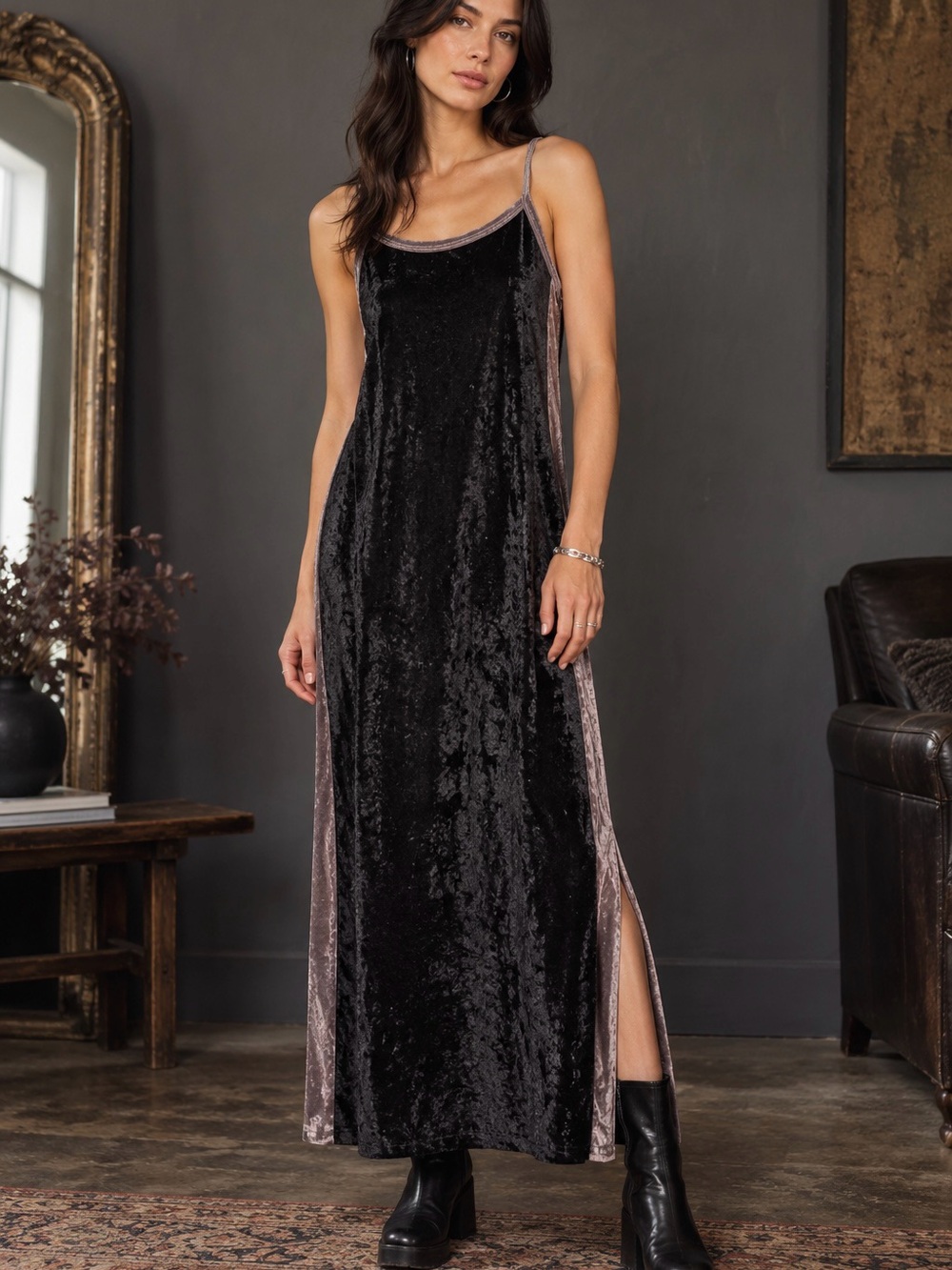 Vintage Brentwood 90s Black Crushed Velvet Maxi Dress Large